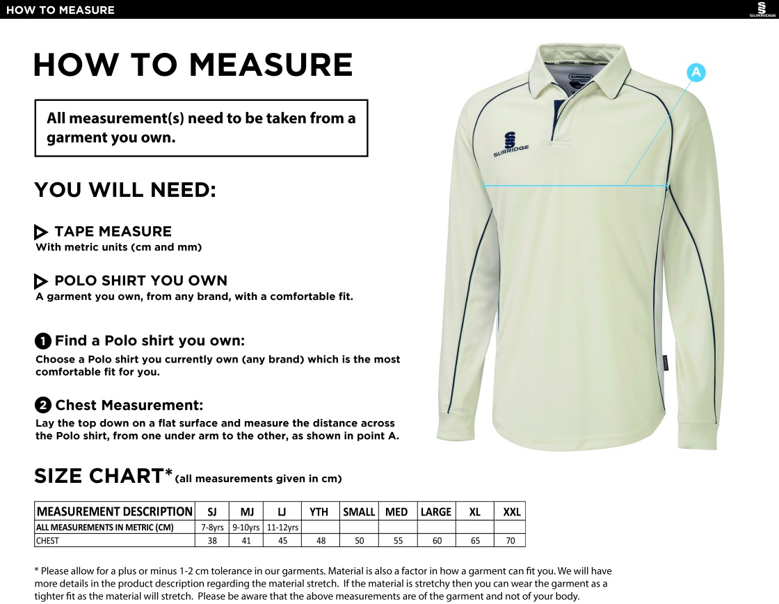 Edmonton CC Premier Long Sleeve Maroon Trim Shirt - Size Guide