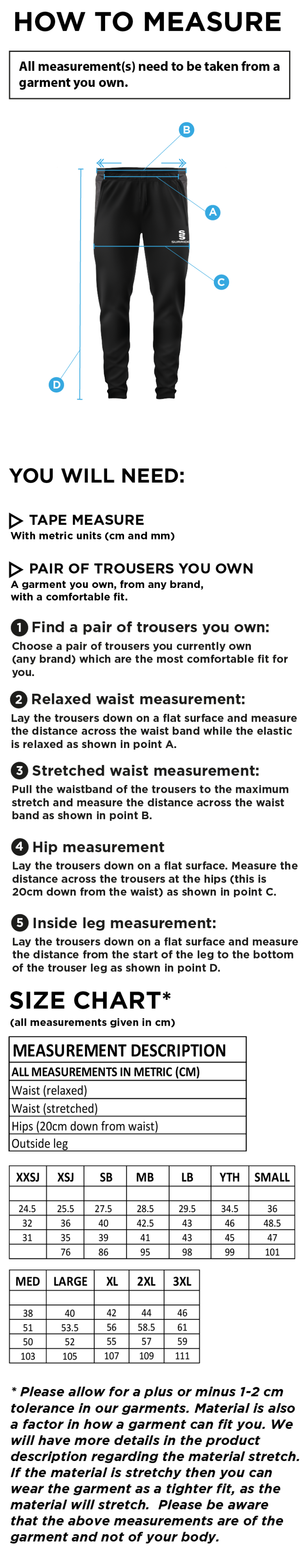 Edmonton CC Tek Slim Pant - Size Guide