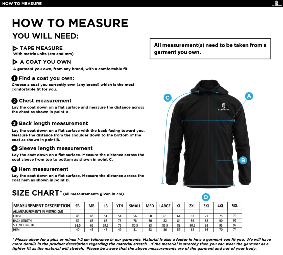 Edmonton CC Training Jacket - Size Guide