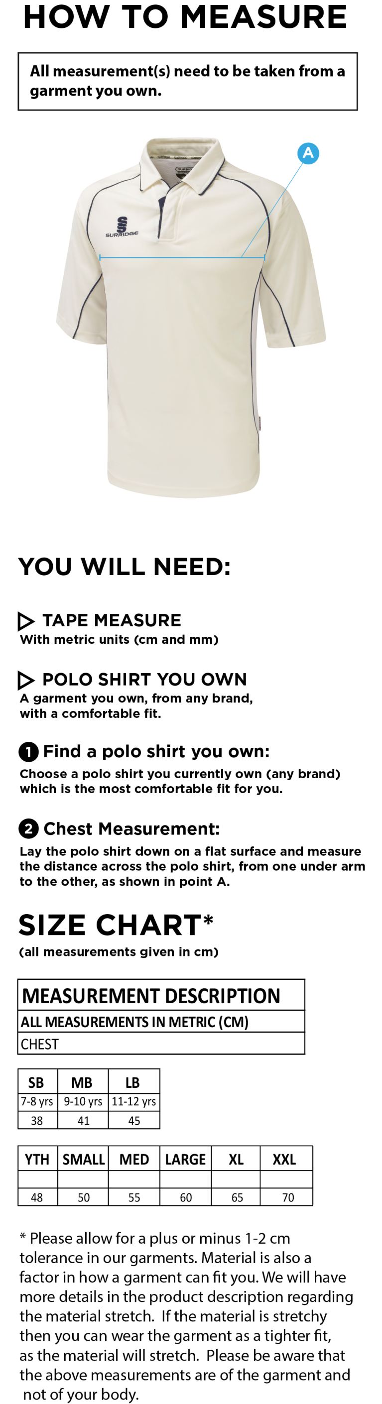 Edmonton CC Premier 3/4 Sleeve Maroon Trim Shirt - Size Guide