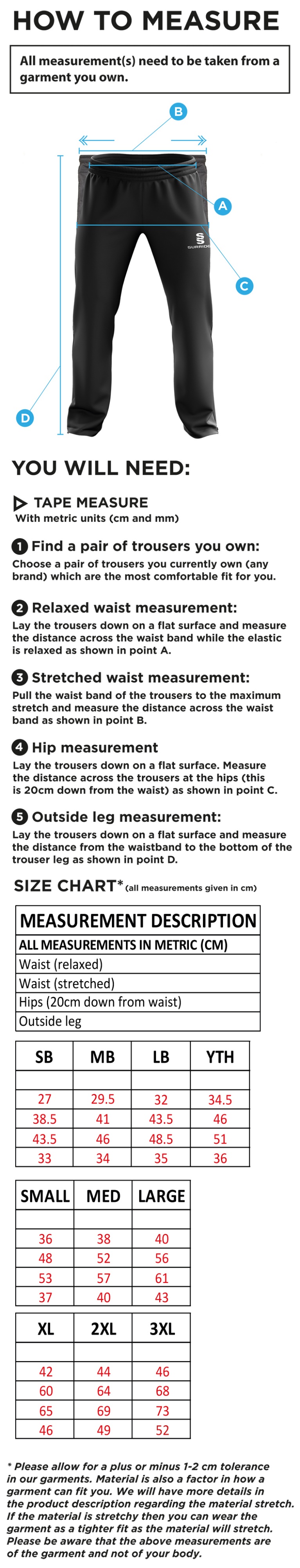 Edmonton CC Ripstop Track Pant - Size Guide