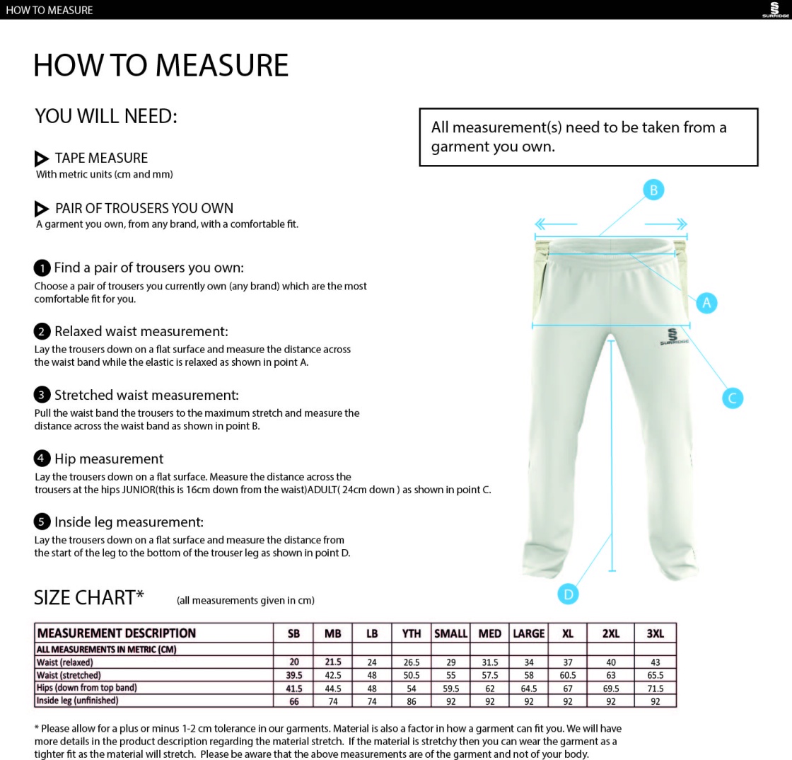 Edmonton CC Standard Playing Pant - Size Guide