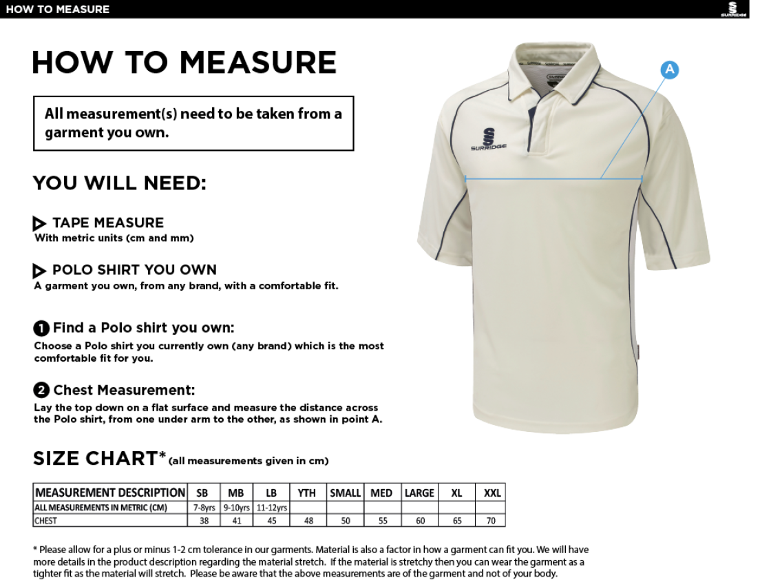 Edmonton CC Premier 3/4 Sleeve Maroon Trim Shirt - Size Guide