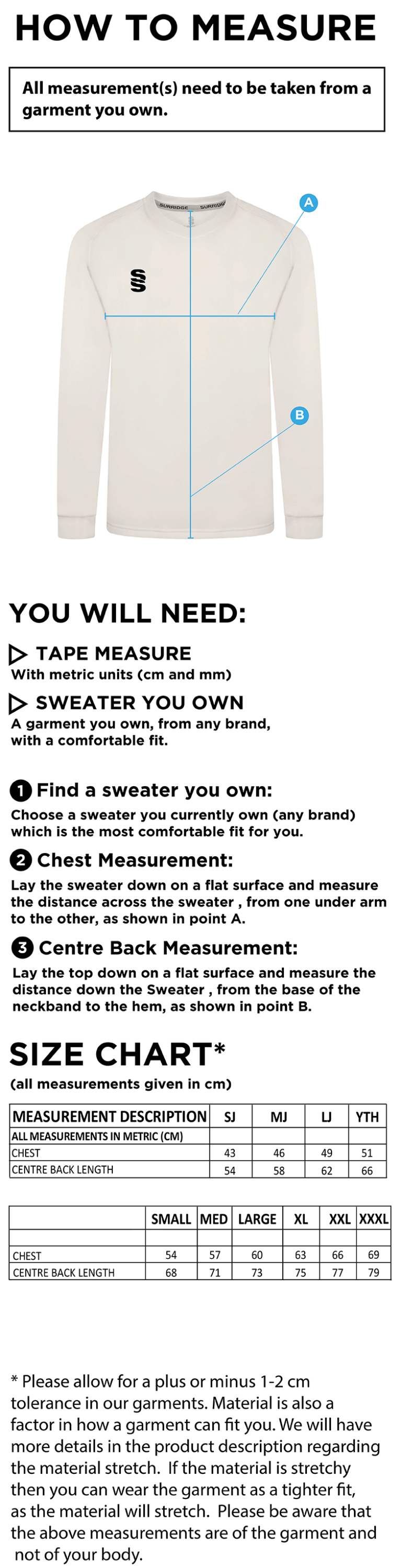 EDMONTON CC Blast Long Sleeve Cricket Sweater - Size Guide