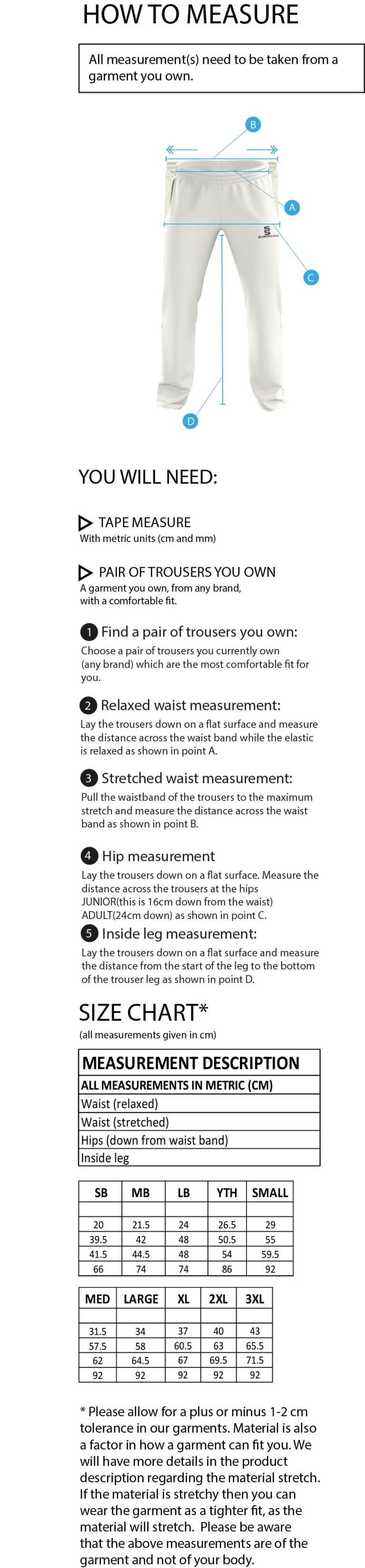 Edmonton CC Standard Playing Pant - Size Guide