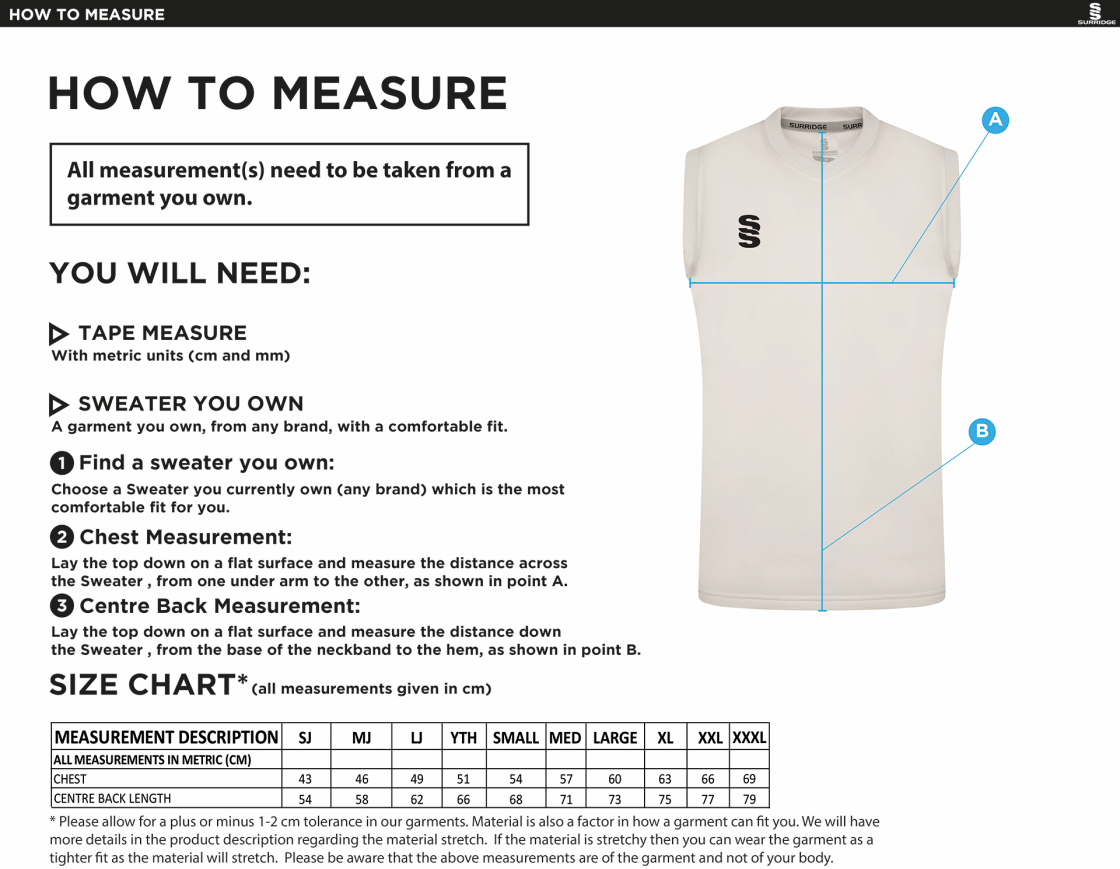 EDMONTON CC Blast Sleeveless Cricket Sweater - Size Guide