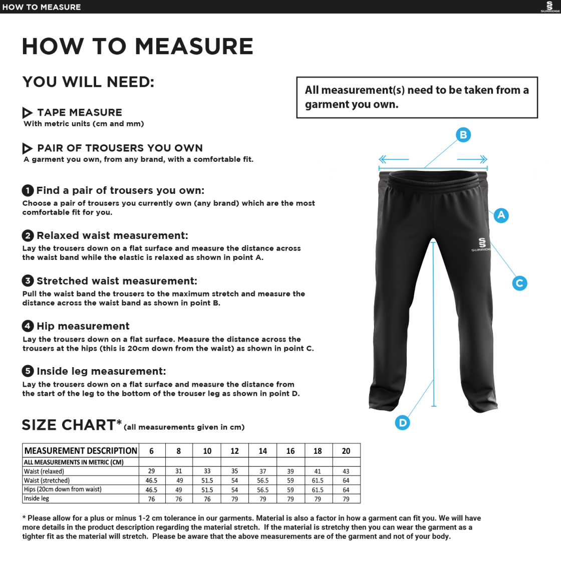 Edmonton CC Women's Poplin Track Pant - Size Guide