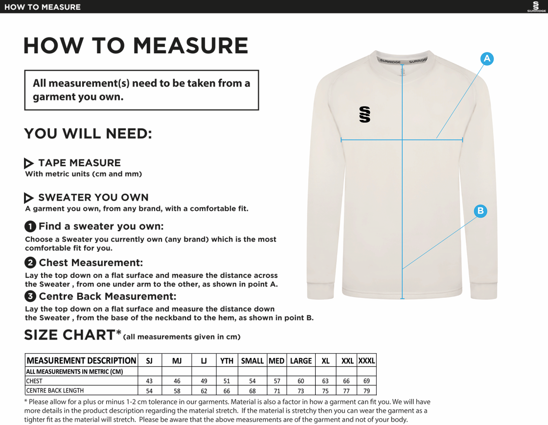 EDMONTON CC Blast Long Sleeve Cricket Sweater - Size Guide