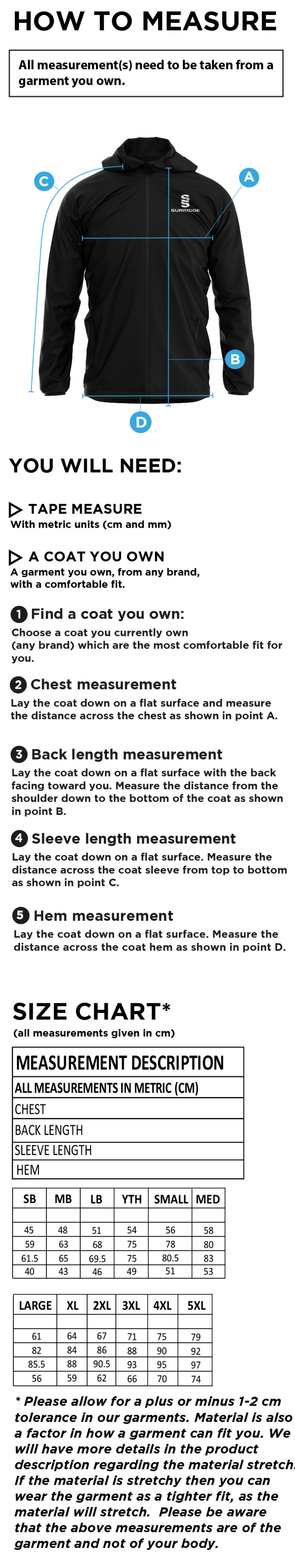 Edmonton CC Training Jacket - Size Guide