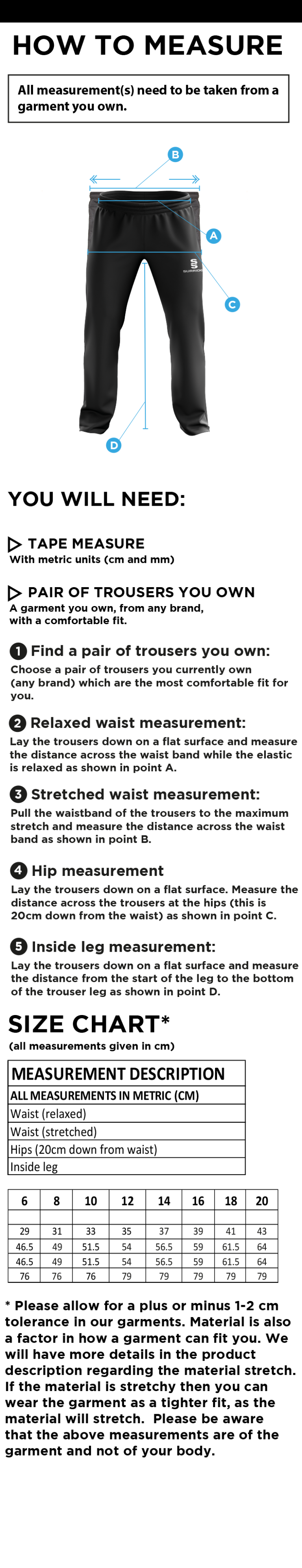 Edmonton CC Women's Poplin Track Pant - Size Guide