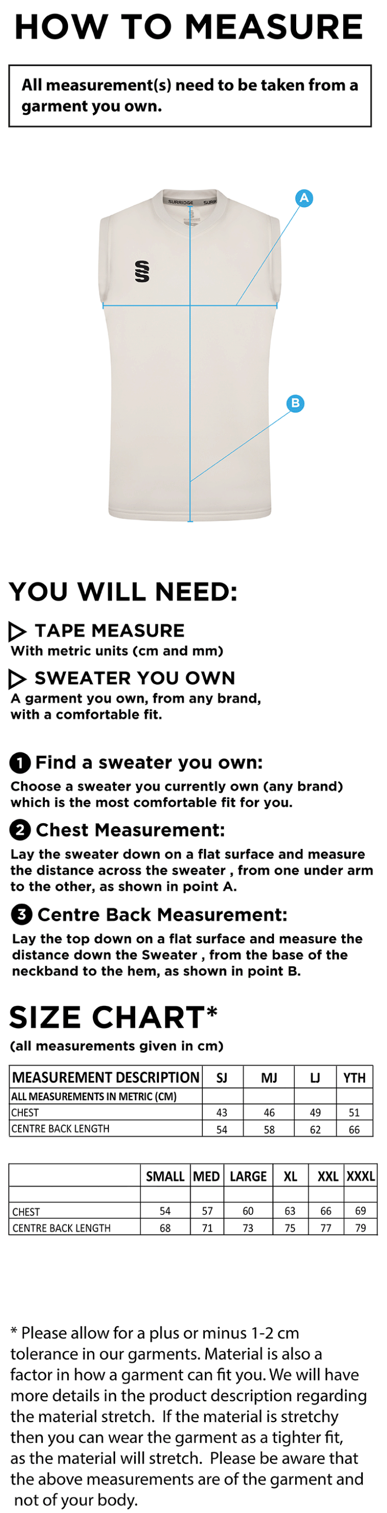 EDMONTON CC Blast Sleeveless Cricket Sweater - Size Guide