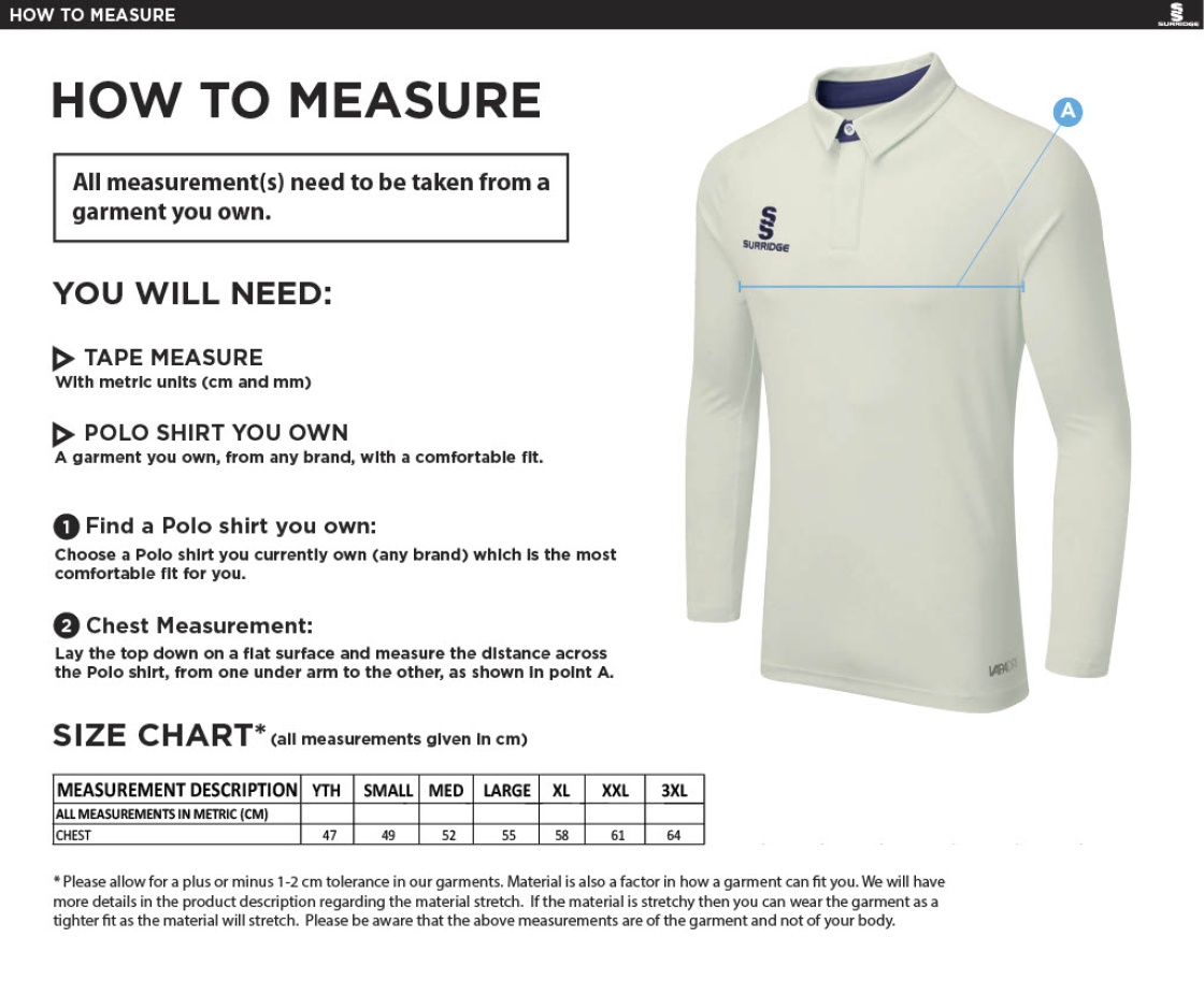 Edmonton CC Ergo Long Sleeve Maroon Trim Shirt - Size Guide