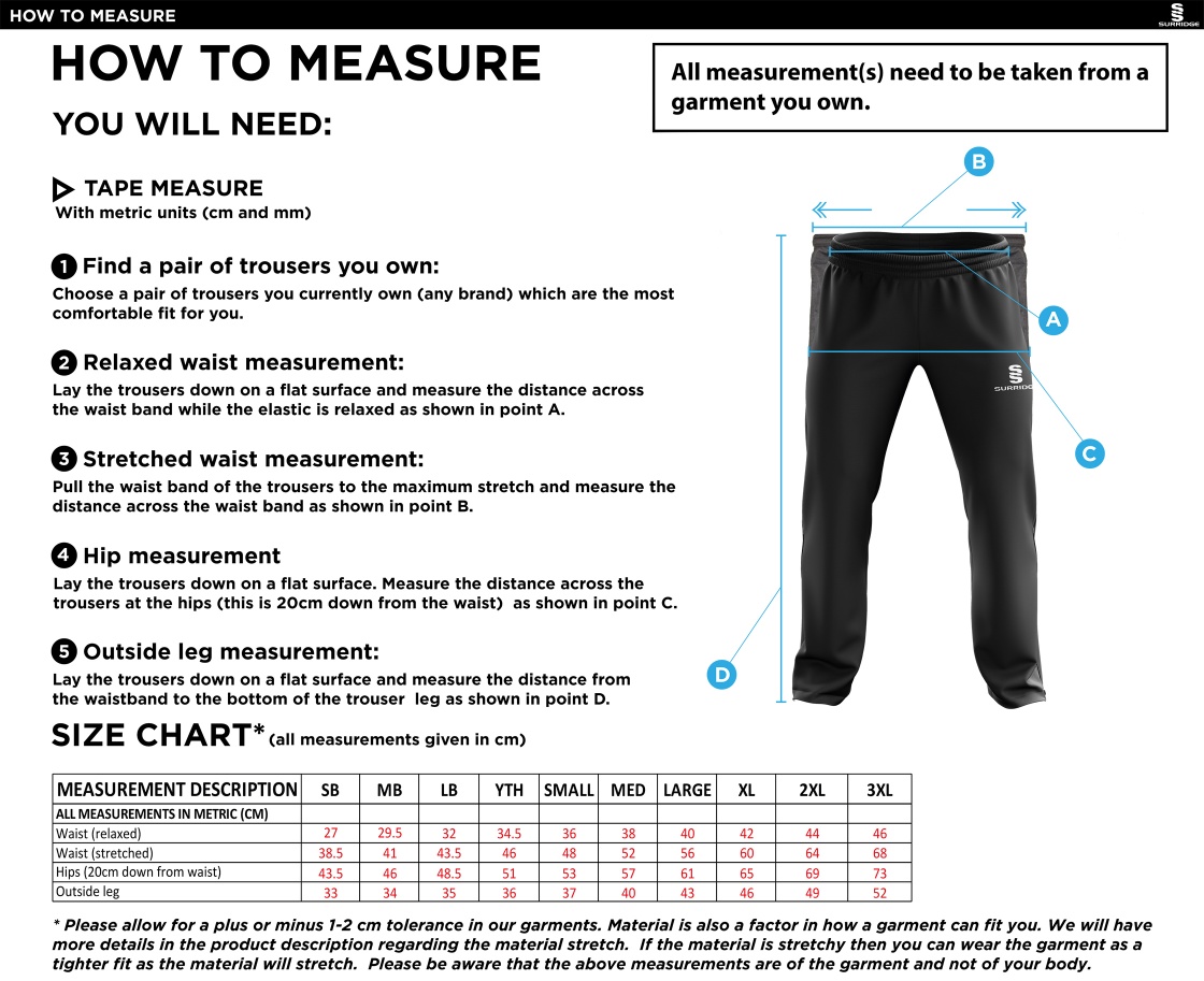 Edmonton CC Ripstop Track Pant - Size Guide