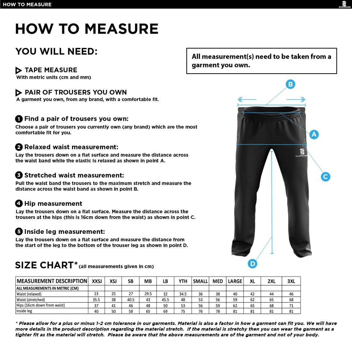Edmonton CC Poplin Track Pant - Size Guide